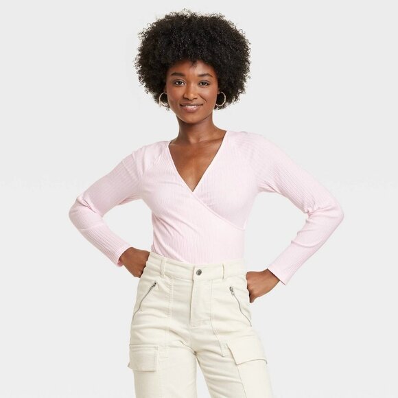 Universal Thread Faux Wrap Light Pink Slim Fit LS Ribbed Shirt -- Women's XXL - Picture 1 of 5